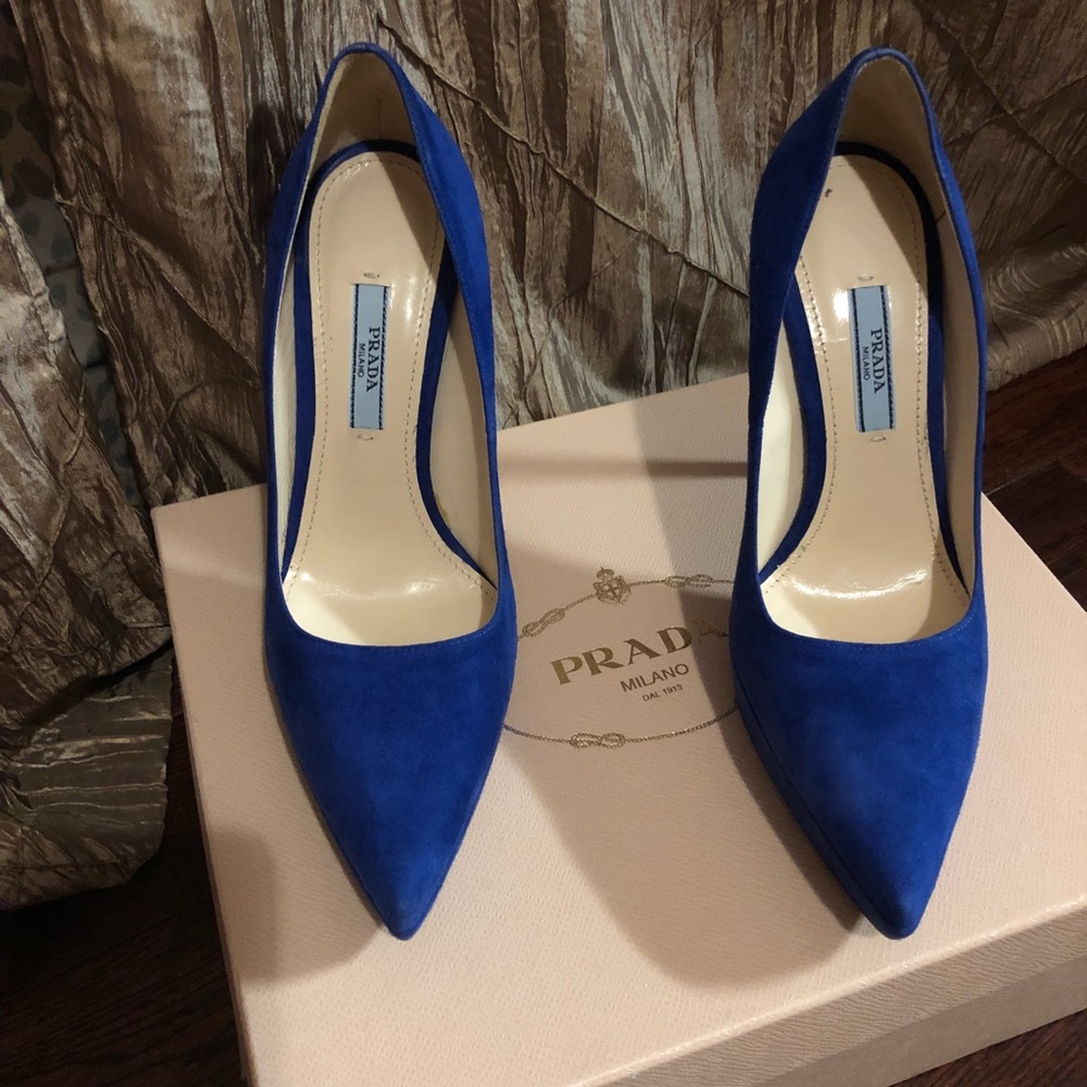 PRADA royal blue suede platform pumps